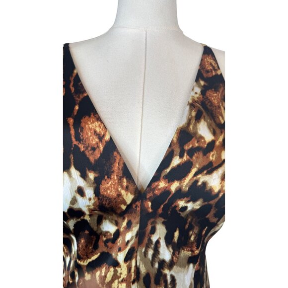 NWT XSCAPE Size 12 Animal Print Sleeveless V-Neck Dress Flounce Hem - Picture 3 of 15